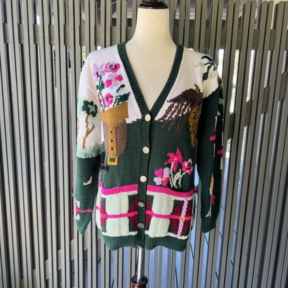 Vintage Women’s Berek 1989 Horse Sweater Button Up Hand Knitted Petite